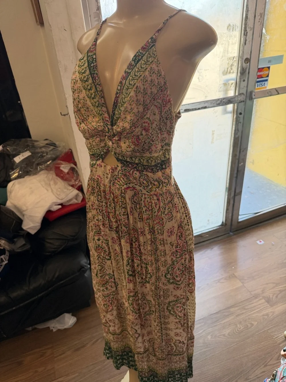 Boho Twist-Front‎ Floral Maxi Dress in Cream and Pink